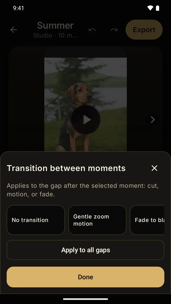Screenshot of the transition picker